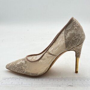 FSJ Nude Pointed Toe High Heel Pumps Floral Lace Mesh Bridal Wedding Shoes